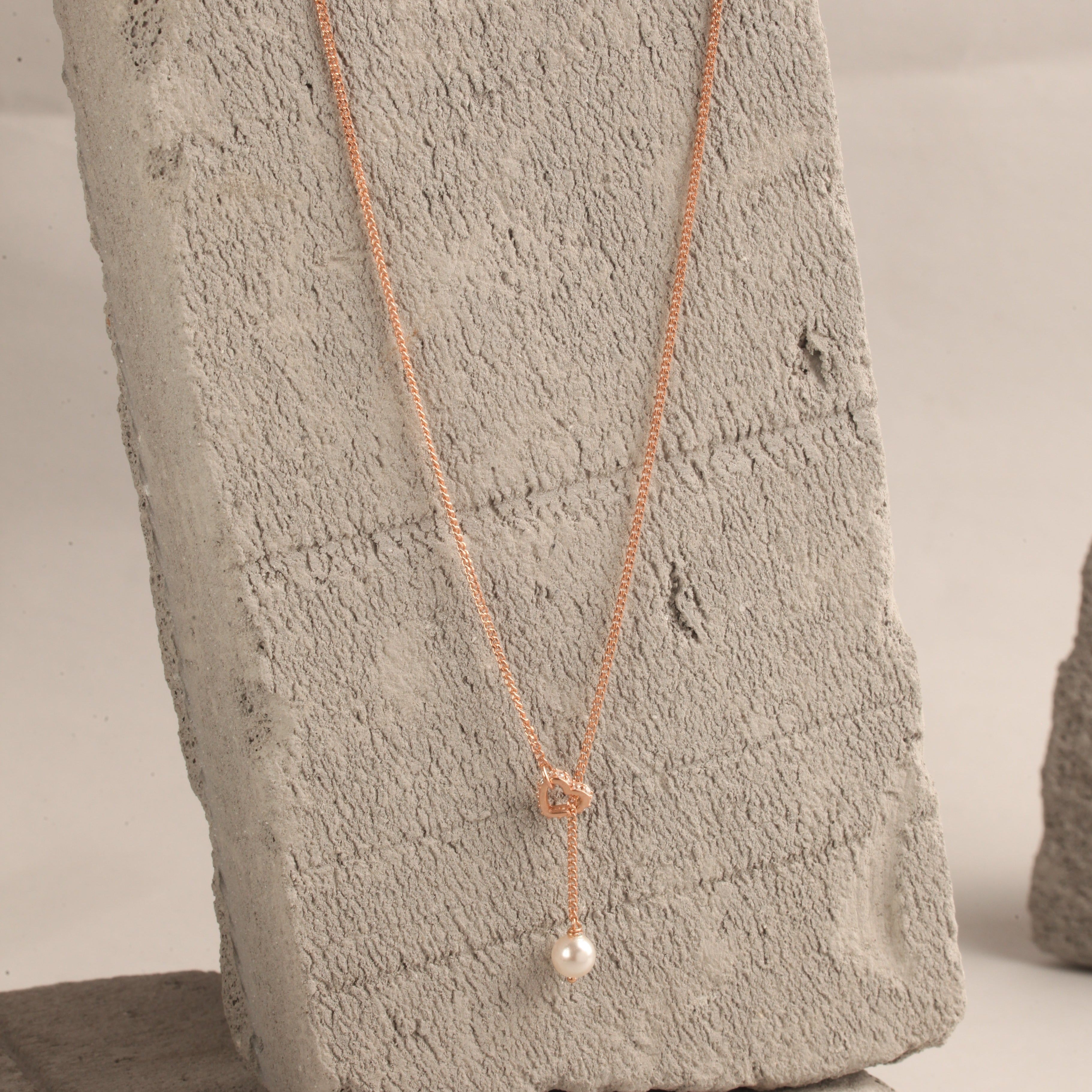 Blisse Allure Rose Gold Heart Pearl Lariat Necklace