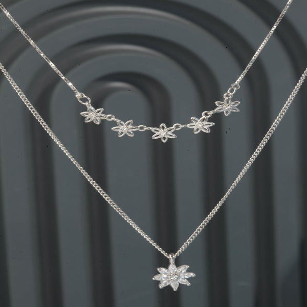 Blisse Allure Sterling Silver Clavicle Layered Flower Necklace.