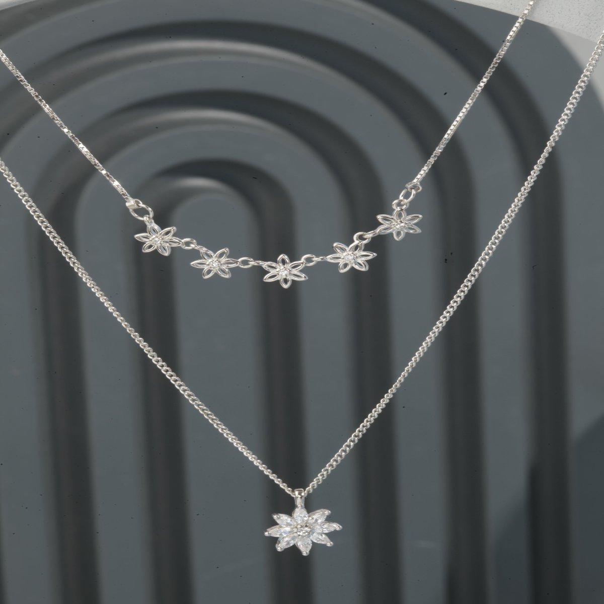 Blisse Allure Sterling Silver Clavicle Layered Flower Necklace.