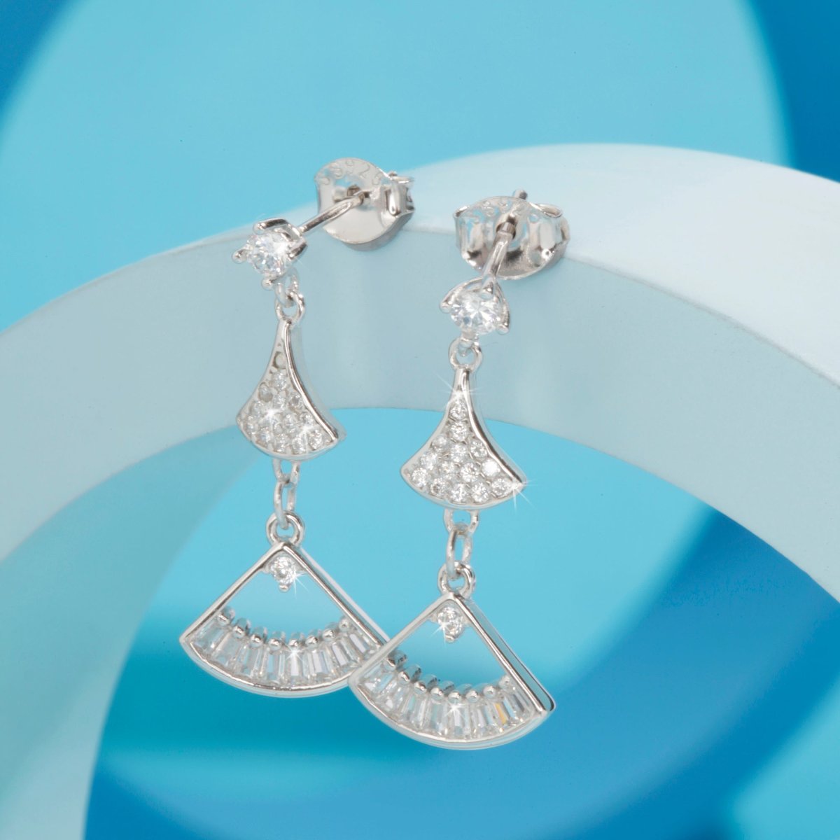 Blisse Allure Sterling Silver Fan Shaped Mosaic Drop Earrings.