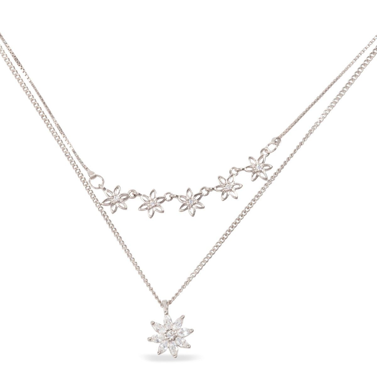 Blisse Allure Sterling Silver Clavicle Layered Flower Necklace.