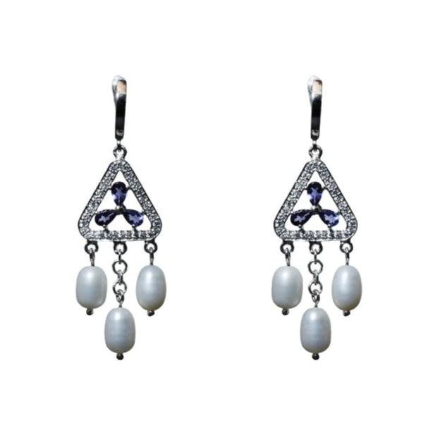 Blisse Allure 925 Sterling Floral Iolite & Pearl drops Silver Earrings For Women