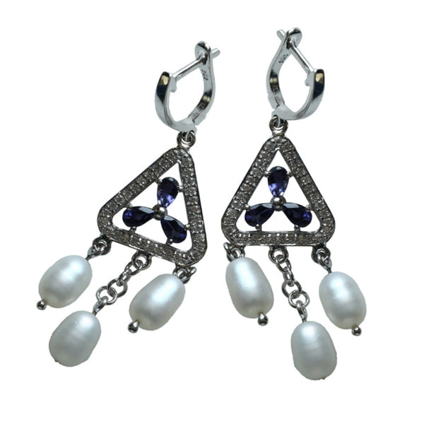 Blisse Allure 925 Sterling Floral Iolite & Pearl drops Silver Earrings For Women