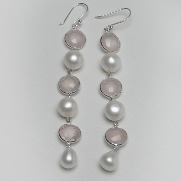 Blisse Allure 925 Sterling Silver Rose Quartz And Pearl Semi Precious Drop Earrings