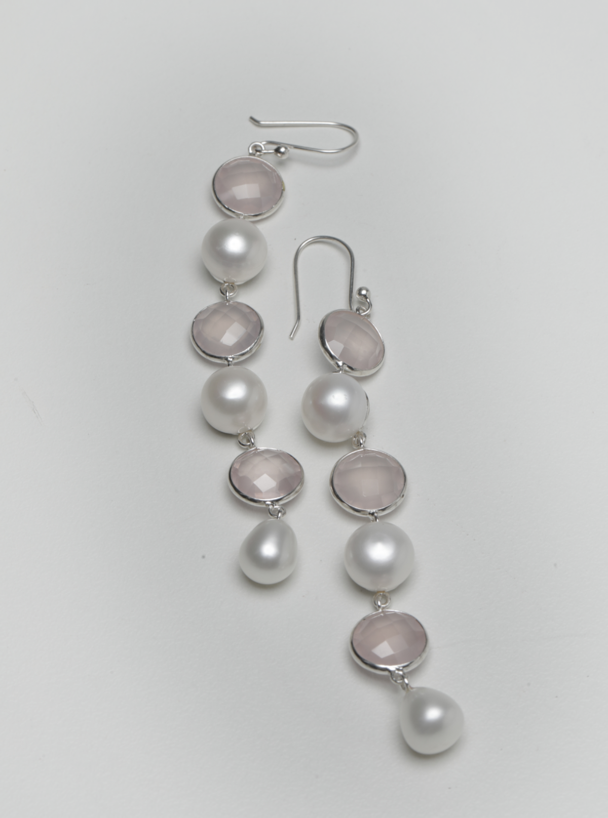 Blisse Allure 925 Sterling Silver Rose Quartz And Pearl Semi Precious Drop Earrings