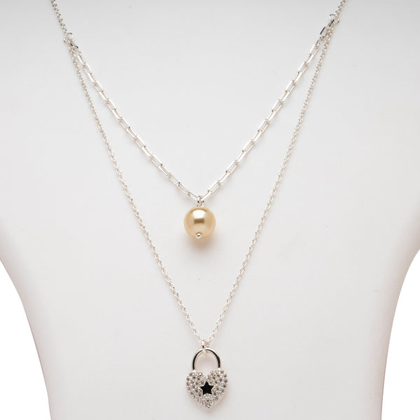 Blisse Allure 925 Sterling Silver Layered Necklace with Heart Shaped Pendant and Pearl drop