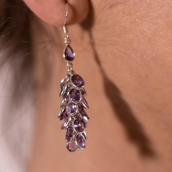 Blisse Allure 925 Sterling Amethyst Bunch Drop Design Silver Earrings For Women