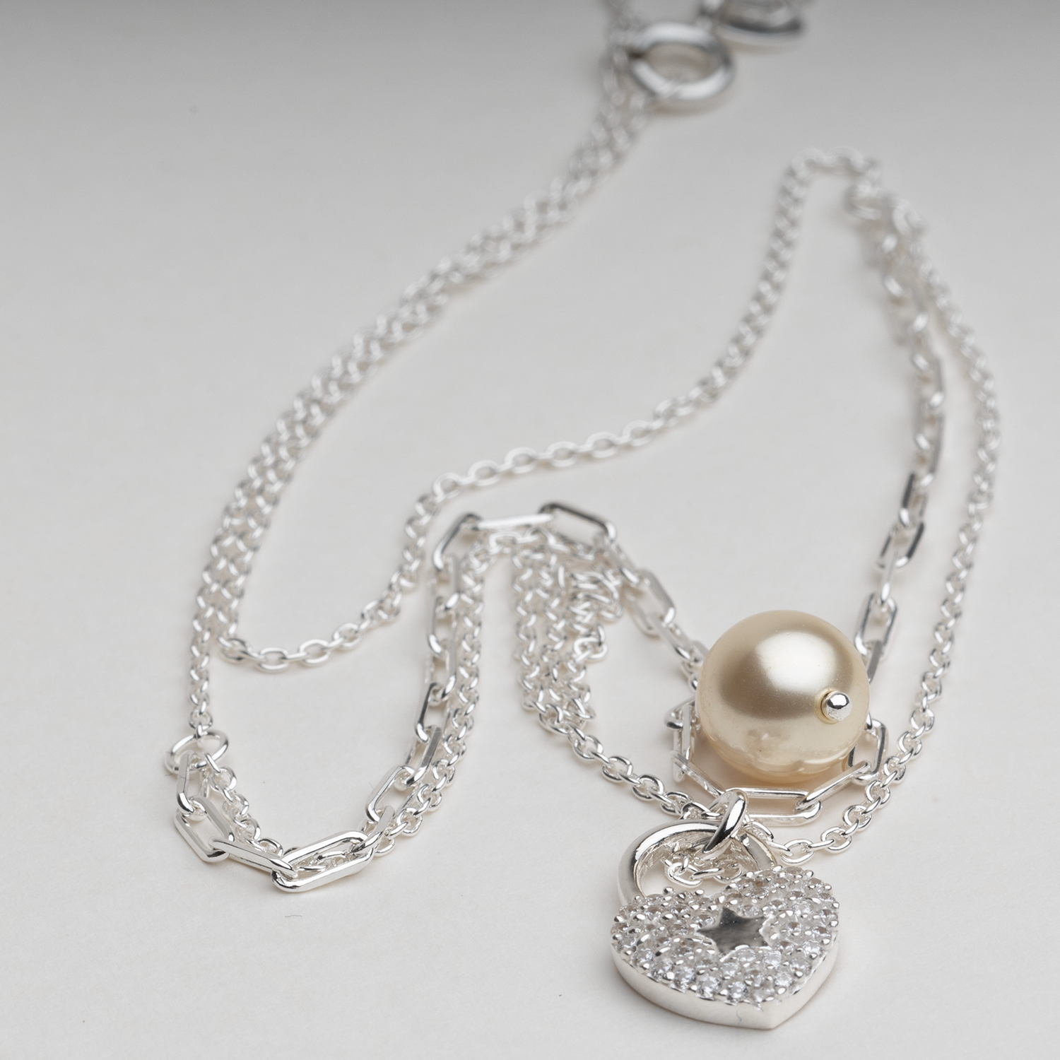 Blisse Allure 925 Sterling Silver Layered Necklace with Heart Shaped Pendant and Pearl drop