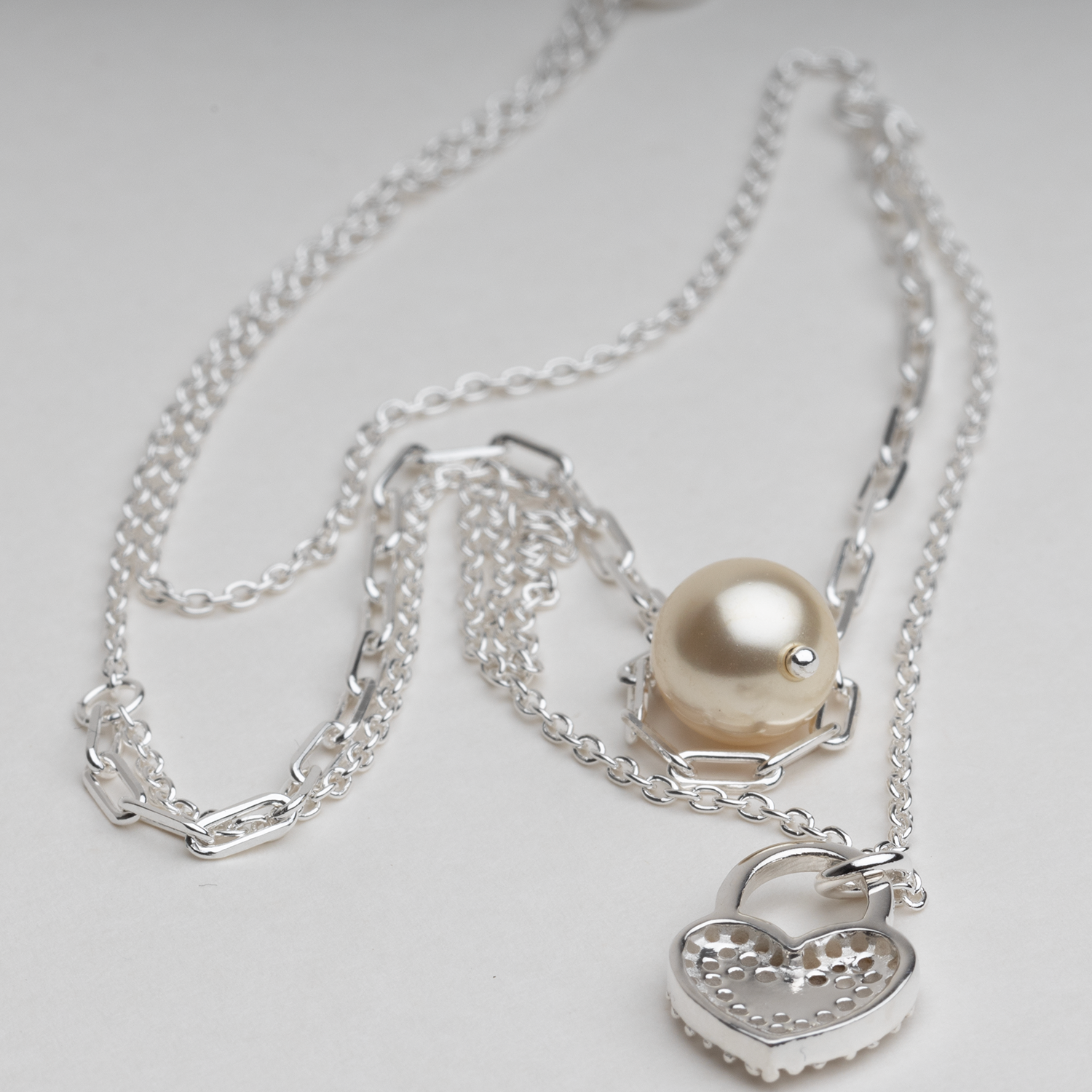 Blisse Allure 925 Sterling Silver Layered Necklace with Heart Shaped Pendant and Pearl drop