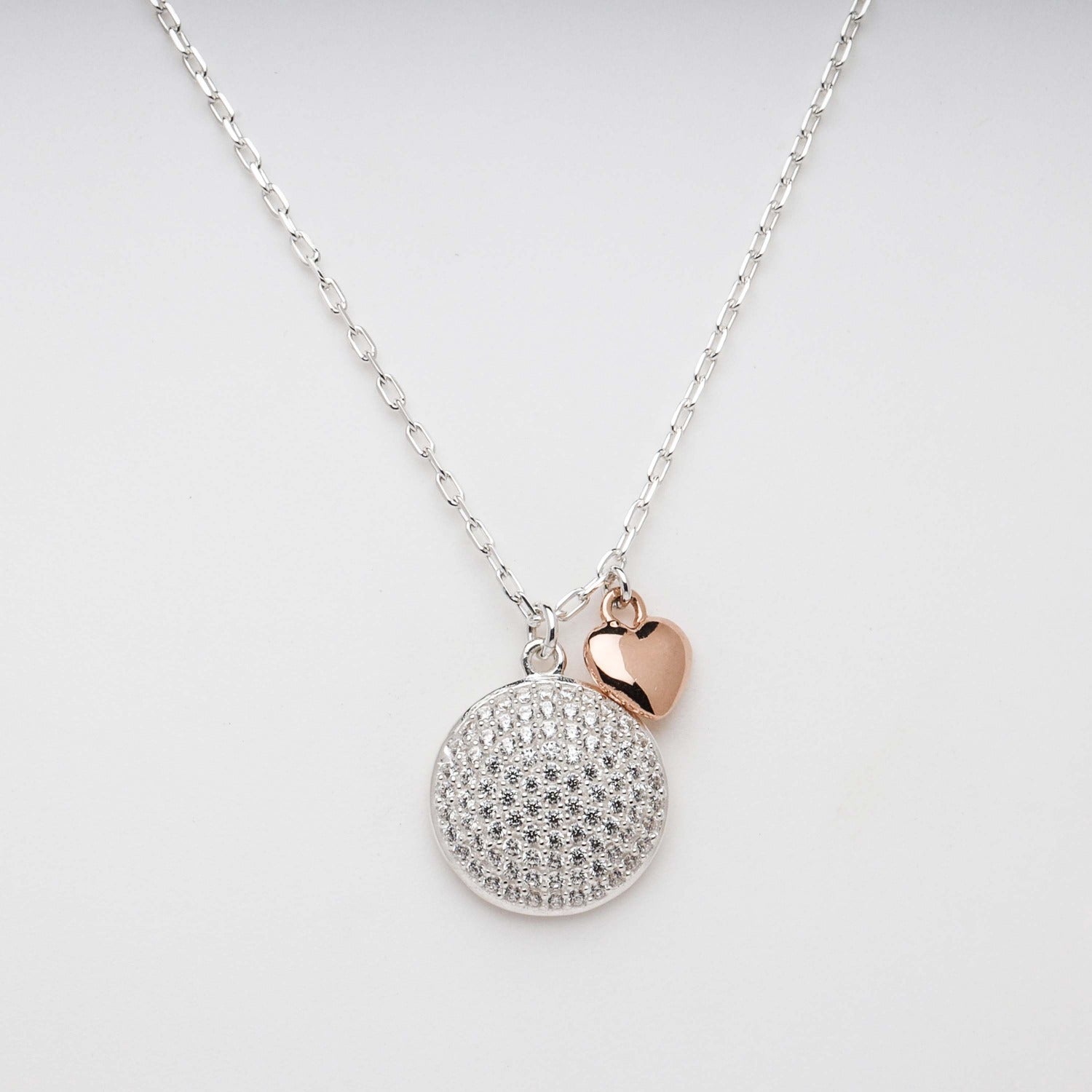 Blisse Allure 925 Sterling Silver White CZ Pendent Necklace with Heart shaped Charm in Rose Gold Finish