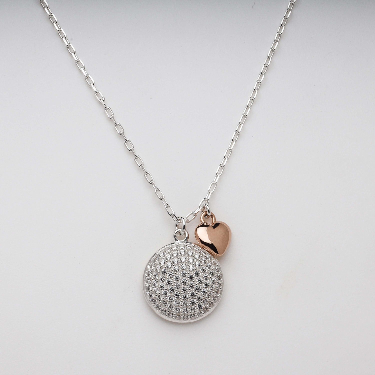 Blisse Allure 925 Sterling Silver White CZ Pendent Necklace with Heart shaped Charm in Rose Gold Finish