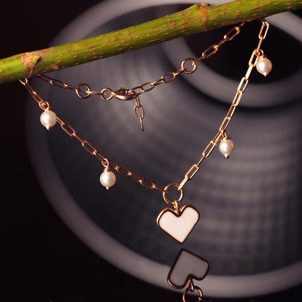 Blisse Allure 925 Sterling Silver Rose Gold Plated Bracelet with Heart Shaped Charm and Pearl Drops