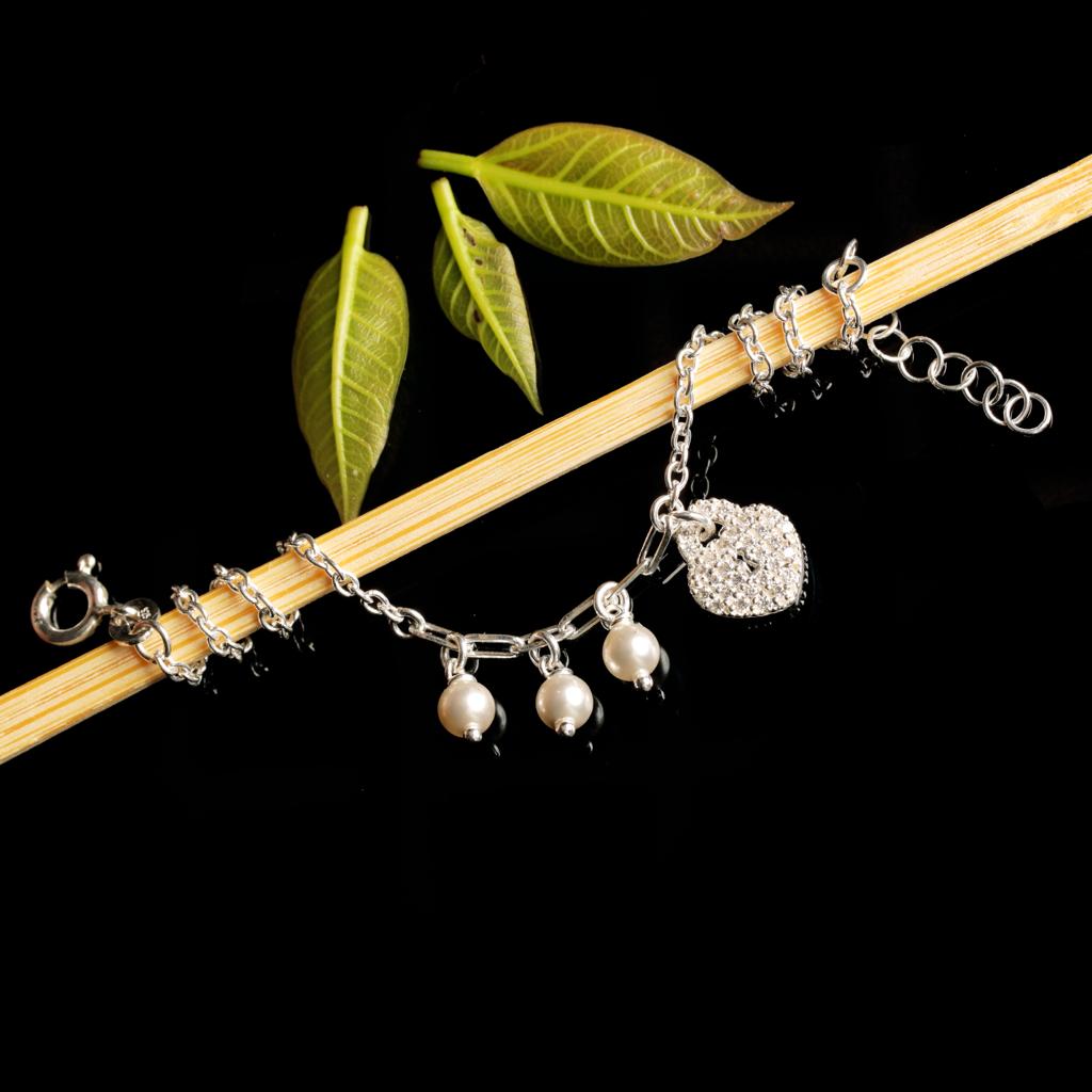 Blisse Allure 925 Sterling Silver Bracelet with Heart Charm and Pearl Drops